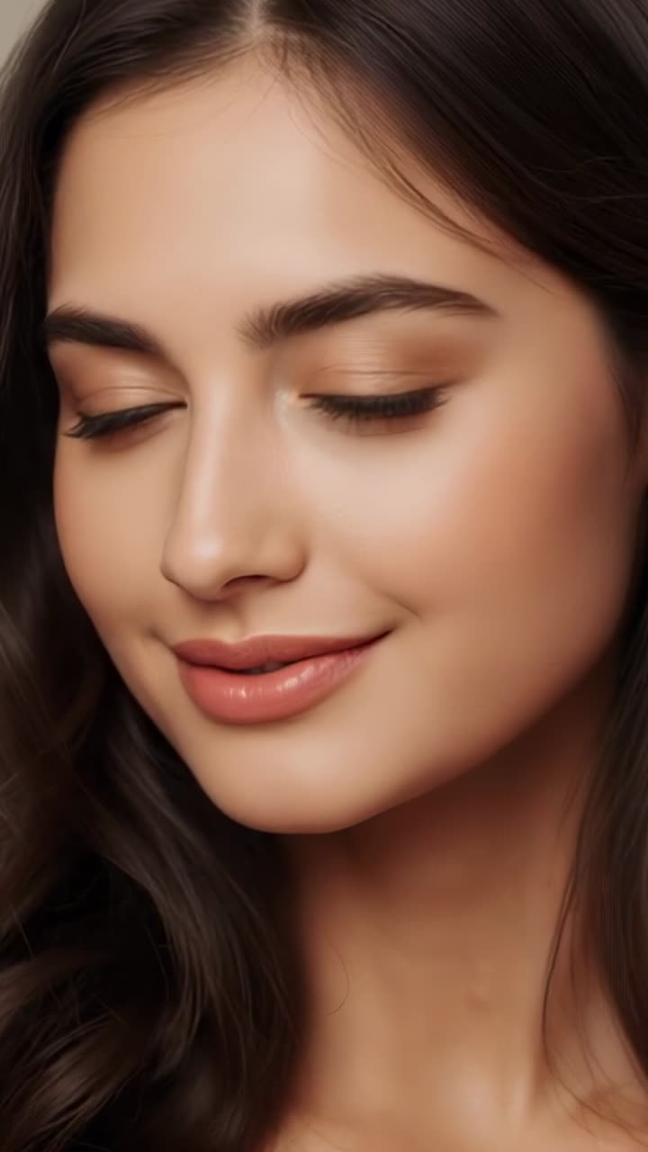 Vertical video: Woman turning, opening eyes for camera in studio after closed-eye frame with makeup