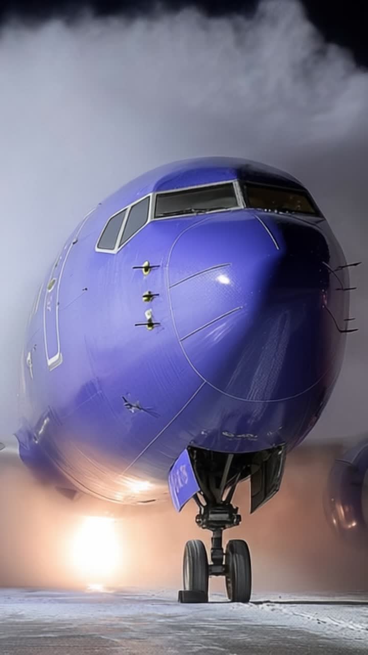 Um close-up marcante de uma aeronave roxa vibrante exibindo sua proa potente, iluminada contra um cenário nebuloso dramático, pronta para decolagem ou aterrissagem