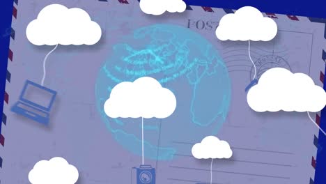 Animation-Von-Wolken-Und-Digitalen-Symbolen-über-Dem-Globus,-Der-Sich-Im-Hintergrund-Dreht