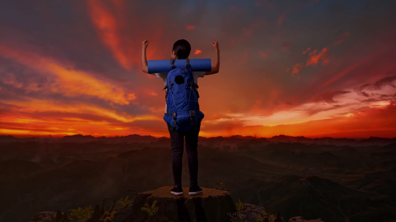 mujer caminando en la cumbre de la montaña al amanecer