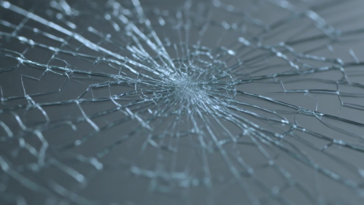 Revealing shattered glass panel with camera shifting focus in studio close-up, spiderweb cracks