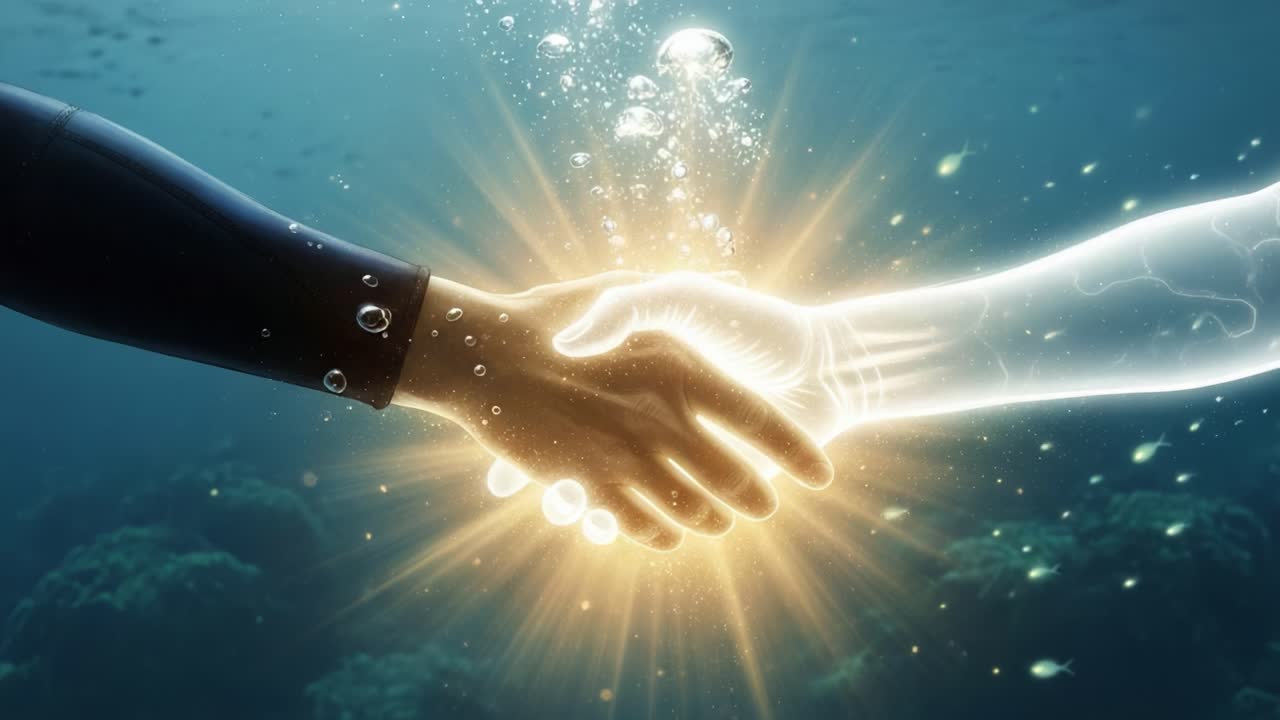 A Symbolic Connection Beneath the Waves: A Handshake Between Two Entities, Embodying Unity and Harmony in an Underwater World of Mystique and Wonder
