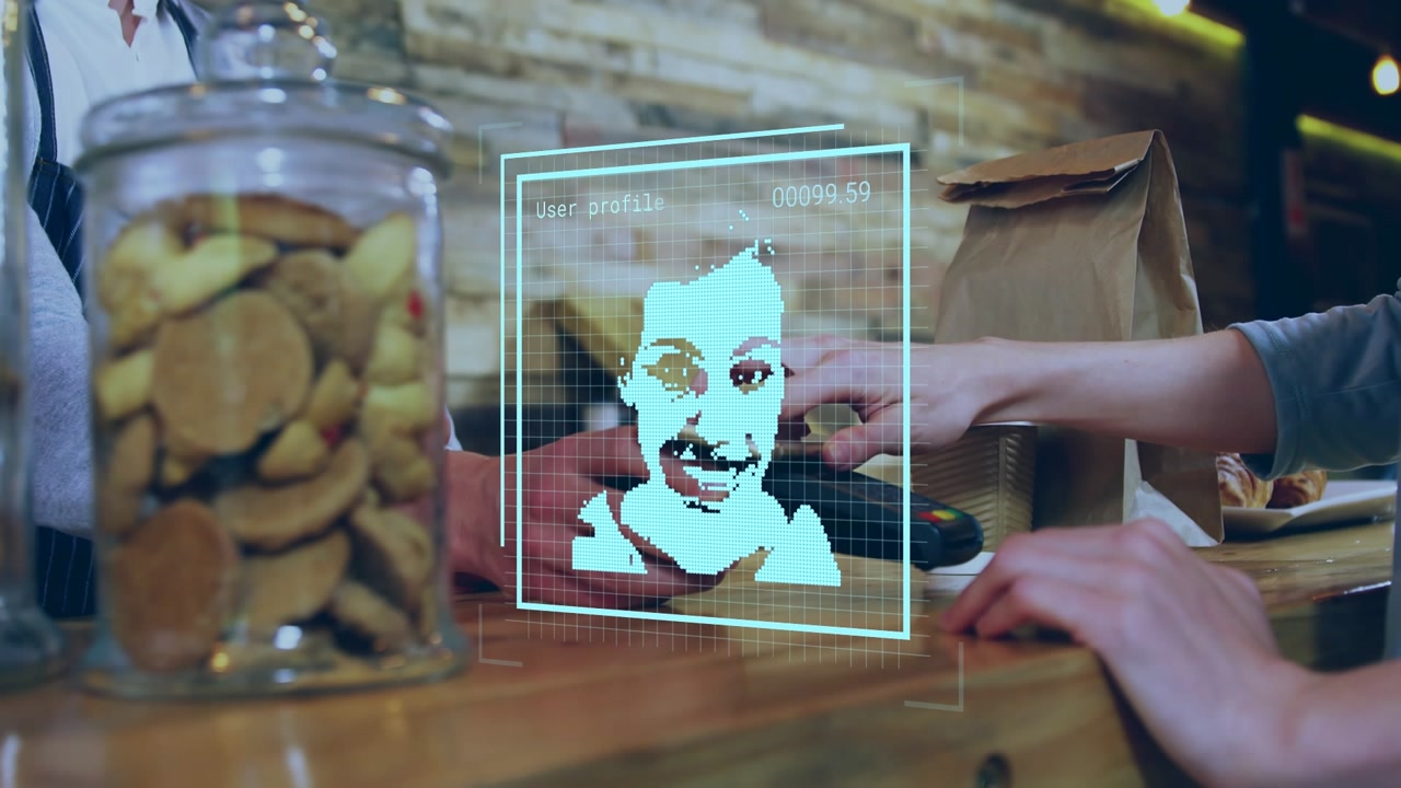 Animation of user photos over hands of caucasian people using payment terminal