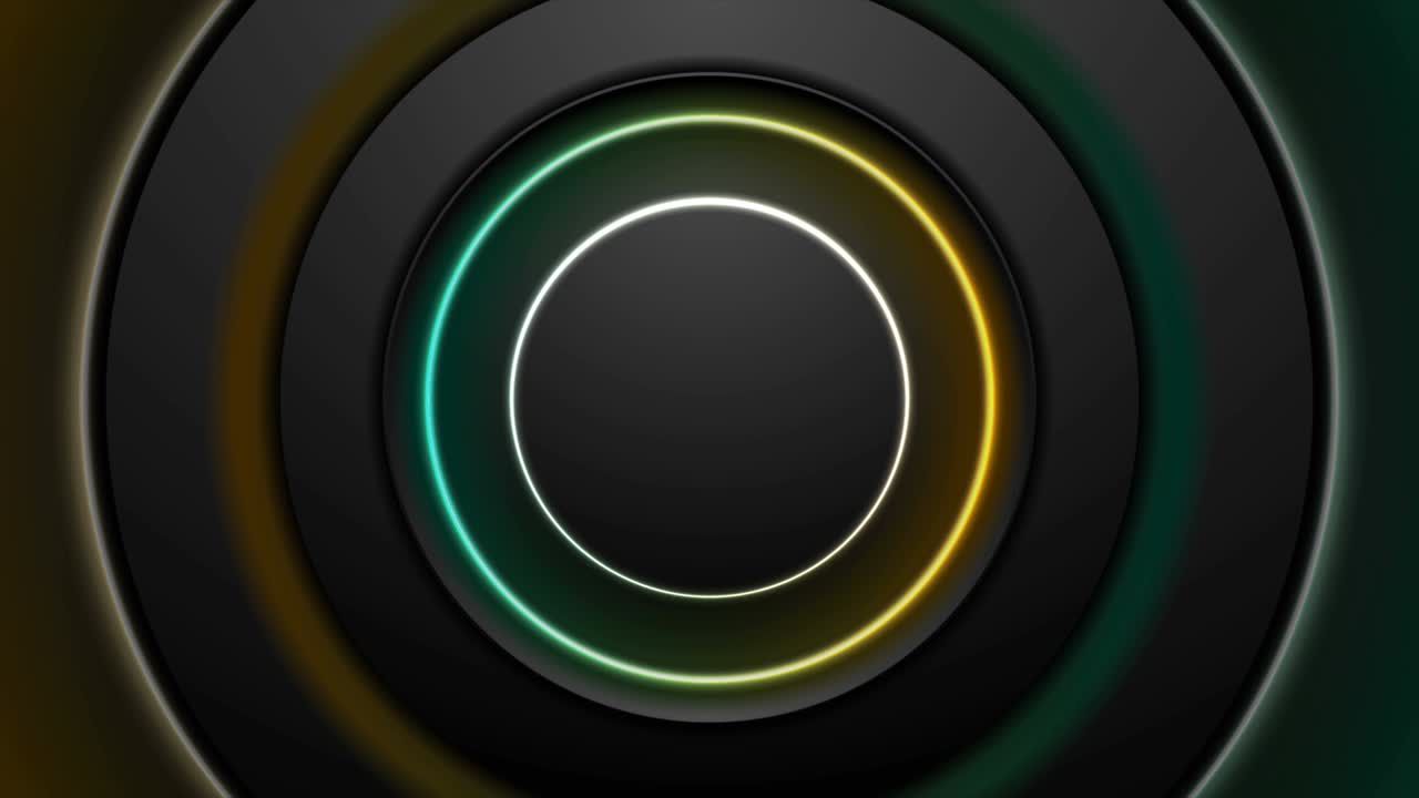 tecnología de fondo de movimiento abstracto con círculos negros y anillos brillantes de neón