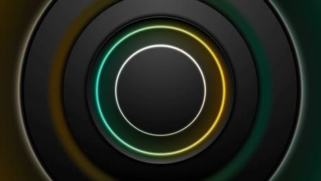 tecnología de fondo de movimiento abstracto con círculos negros y anillos brillantes de neón