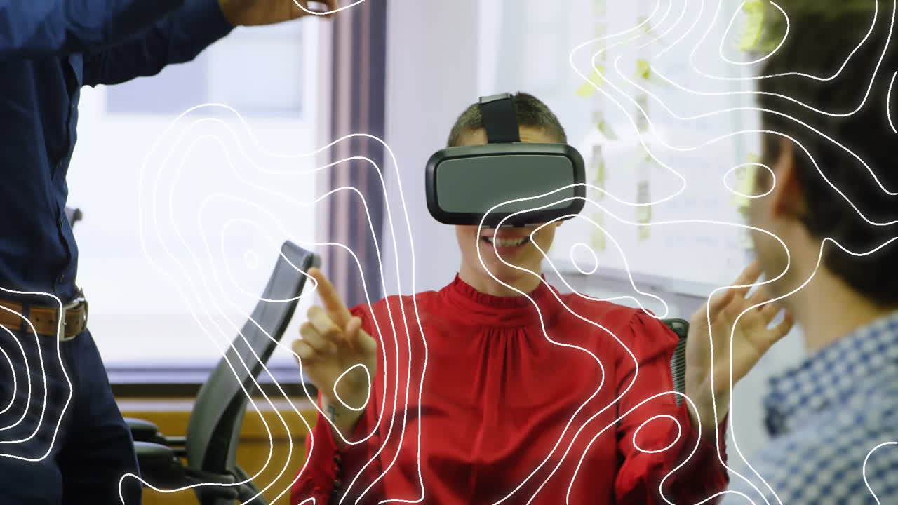 animación de líneas blancas sobre mujer biracial usando auriculares vr