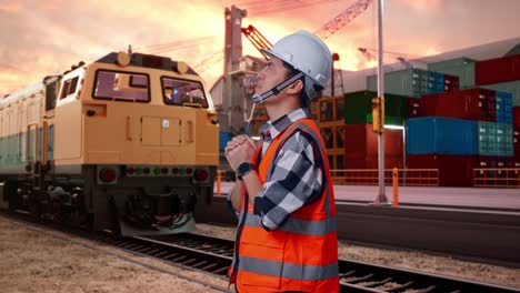 worker praying at a railroad port sunset