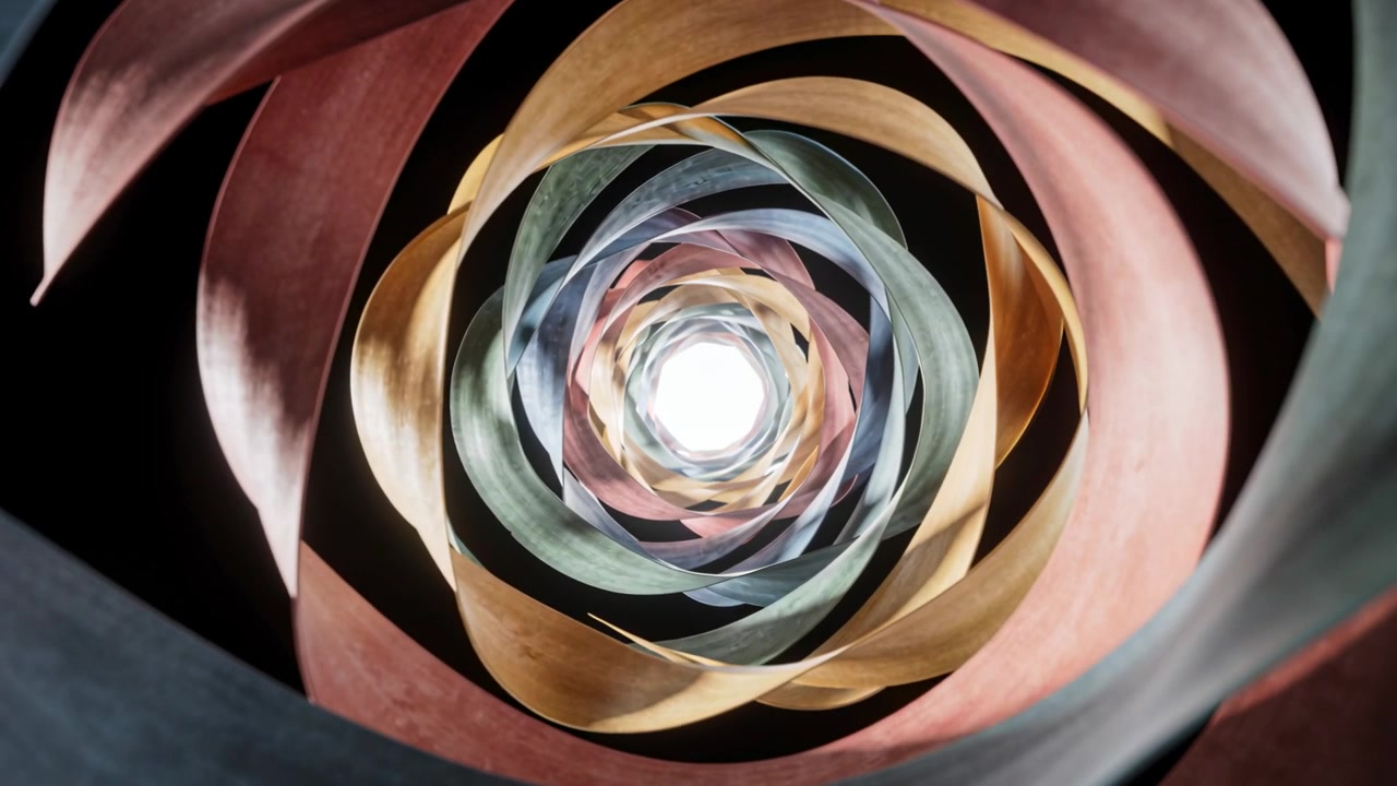 Playback starting, multicolor ribbon spiral rotating in dark studio, revealing bright central light