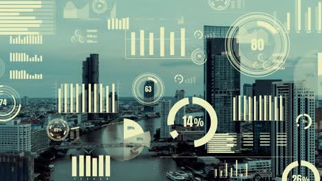 interfaz de análisis de datos de negocios volar sobre la ciudad inteligente mostrando alteración futuro