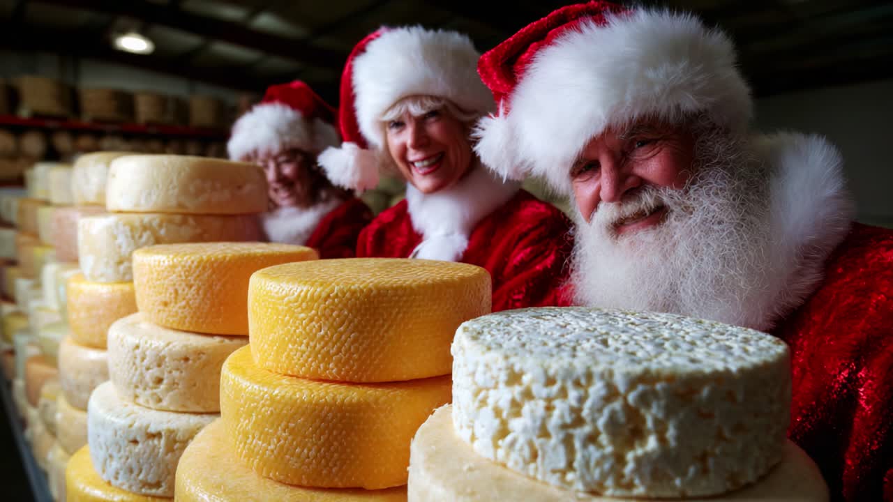Joyful Holiday Cheese Celebration: Santa Claus and Friends Gather Among Stacks of Delicious Cheeses in Festive Attire, Spreading Cheer and Deliciousness for the Holiday Season