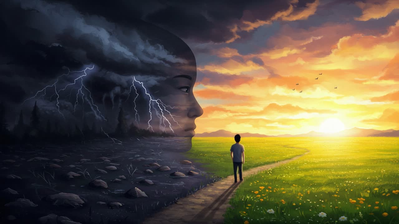 A Journey Through Contrast: Exploring the Tension Between Stormy Turmoil and Tranquil Serenity in a Symbolic Landscape