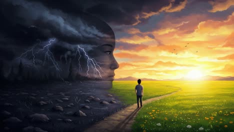 a journey through contrast: exploring the tension between stormy turmoil and tranquil serenity in a symbolic landscape