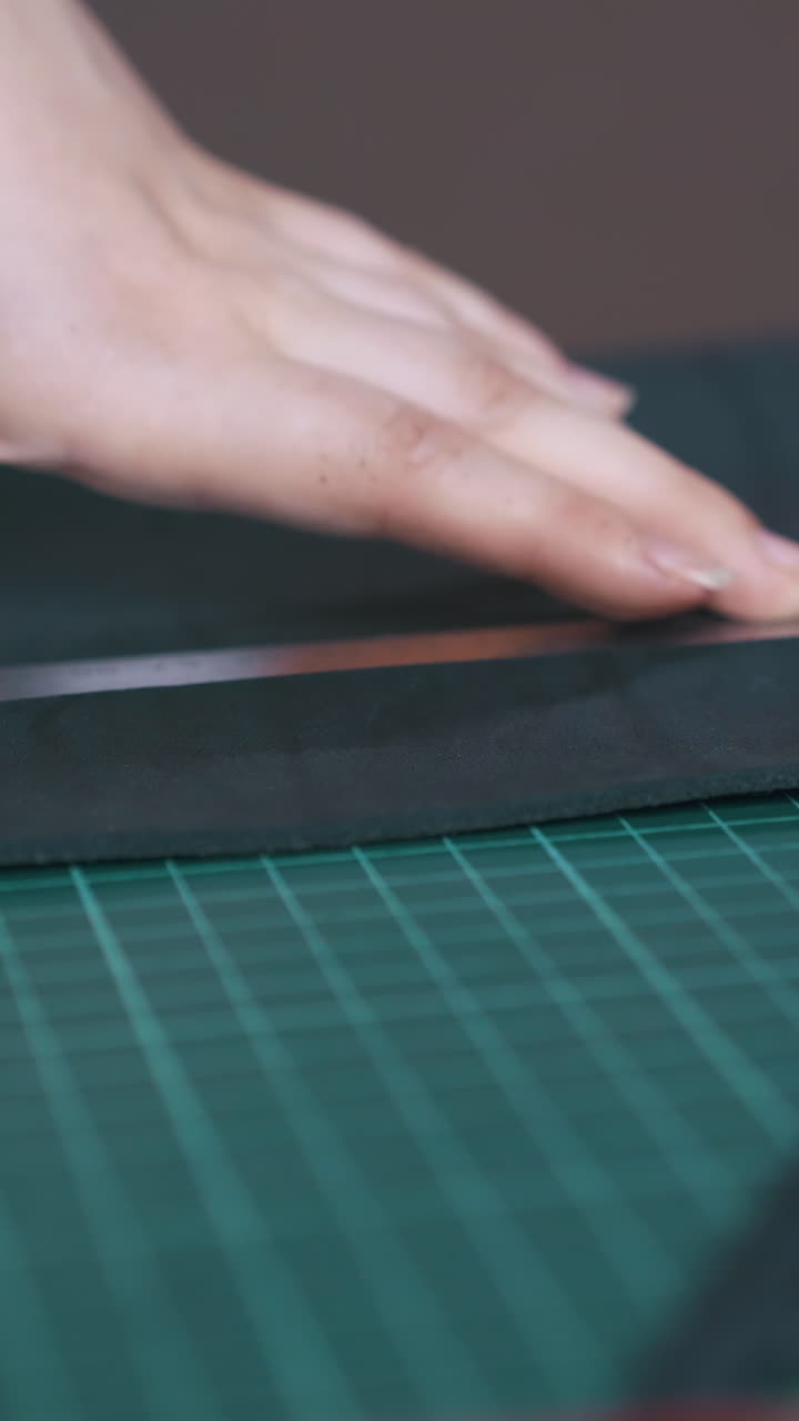 CU: Skilled designer cuts leather cloth with yellow box cutter and takes fabric strip in hand close view