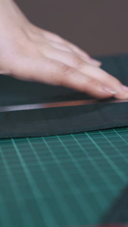 cu: skilled designer cuts leather cloth with yellow box cutter and takes fabric strip in hand close view