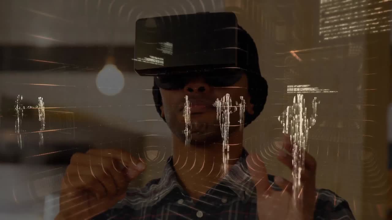 Man with virtual reality headset with data