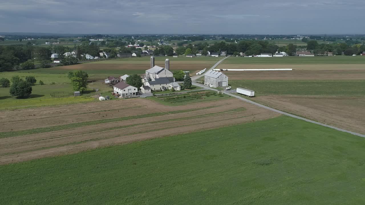 Veduta aerea di un contadino Amish che semina il suo campo con 6 cavalli