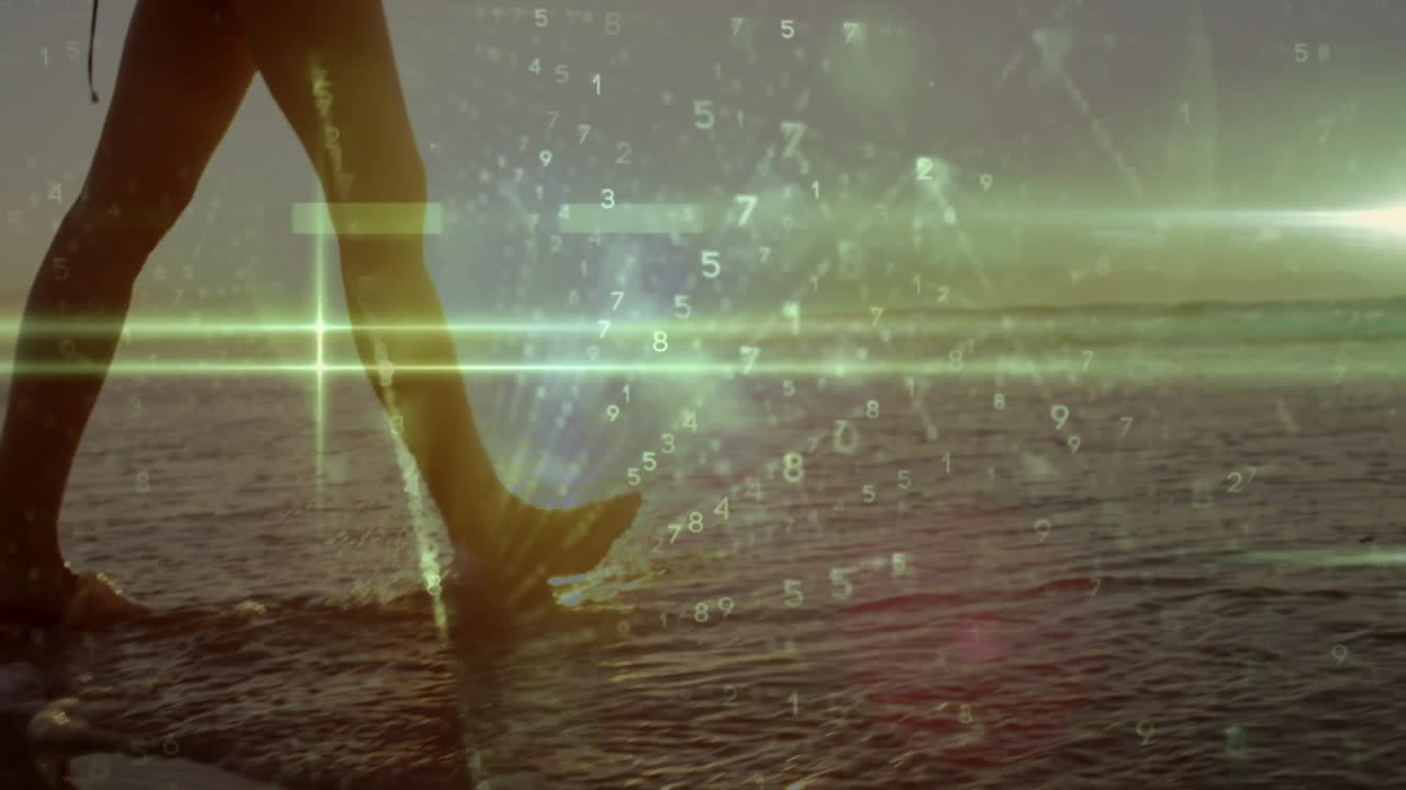 Sailing boat on ocean with digital numbers and light beam overlay animation