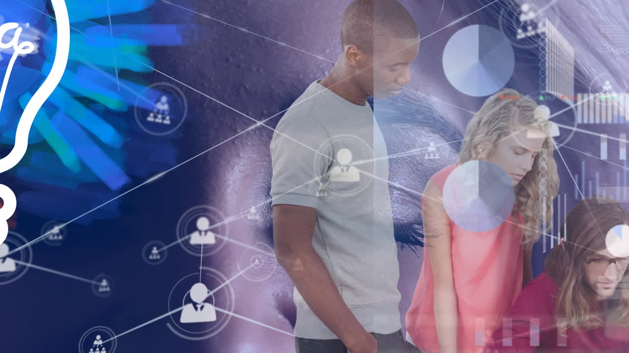 animación de puntos conectados con líneas, interfaz infográfica sobre compañeros de trabajo multirraciales discutiendo.