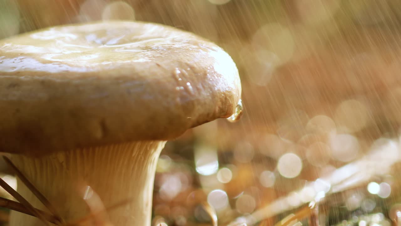 Mushroom Boletus In a Sunny forest in the rain.