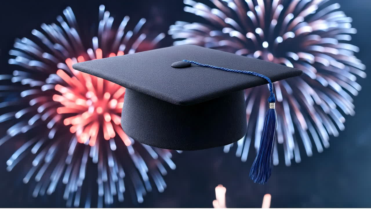 Graduation fireworks celebration. Graduation cap stands out against vibrant fireworks, marking a joyful celebration of achievement and new beginnings