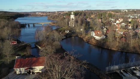 Beautiful-Traditional-Architecture-and-Landscape-Of-Hembygsgarden-In-Fagersta-Sweden---aerial-shot