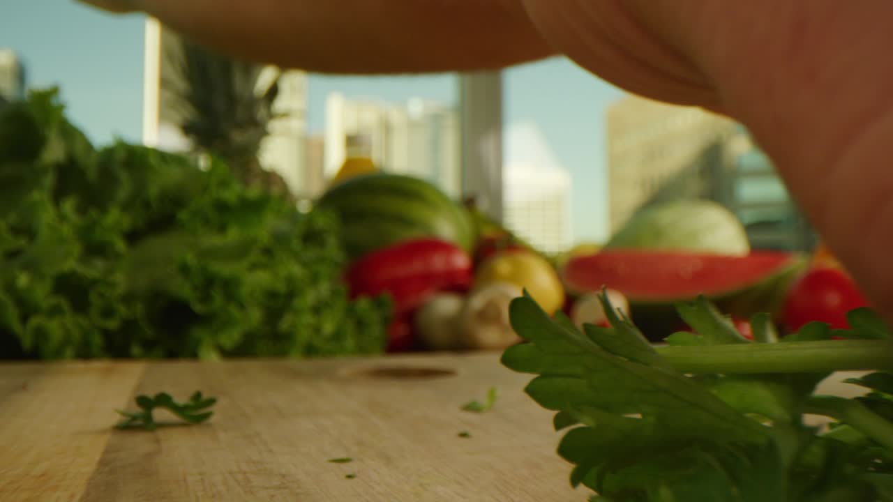 Chopping parsley macro shot