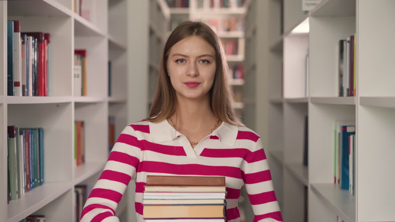 студентка держит книжный стек в проходе между книжными полками. прекрасная библиотекарь показывает литературу для заказа клиентов в современном книжном магазине. улыбающаяся леди с фолио