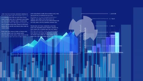 digital animation of graphs and statistical data processing against blue background