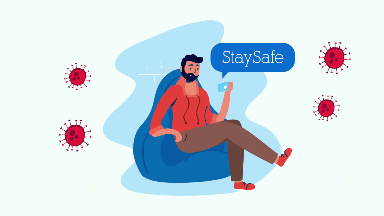 man using smartphone in sofa with covid19 particles