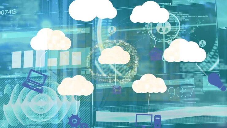 Animation of data processing and brain with icons over server room