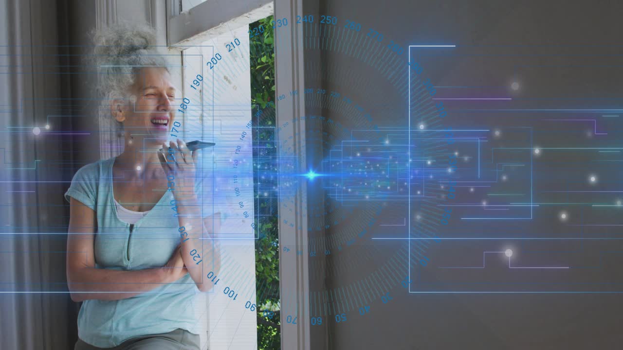 Mature woman leaning in doorway calling on phone activating blue tech overlay animating wall