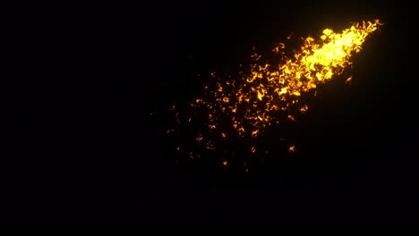 abstract fire particles flow from bottom left to top right on black background, vertically centered. 4k render footage.