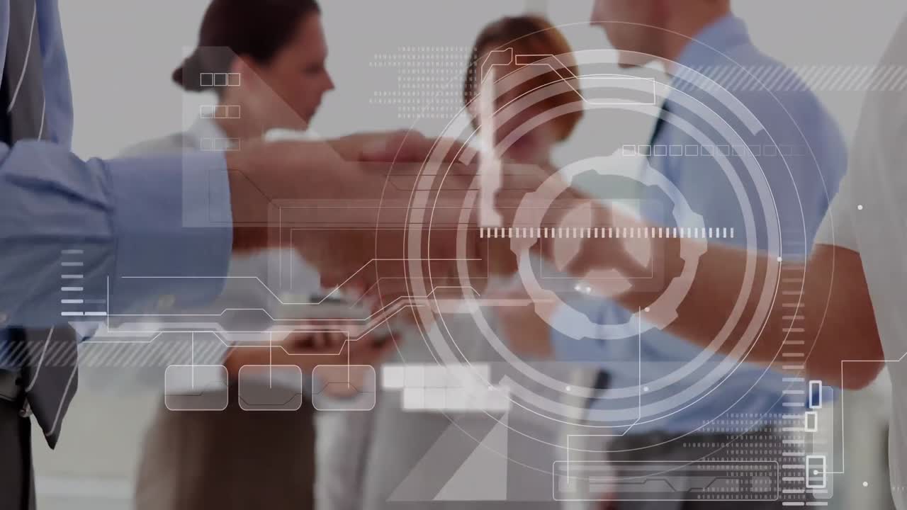 animación del procesamiento de datos sobre el apretón de manos de un hombre de negocios