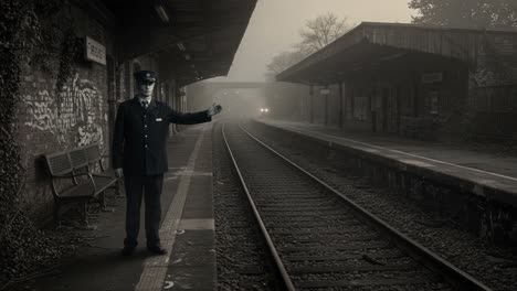 a nighttime scene at an abandoned train station featuring a train conductor directing traffic amidst fog and eerie atmosphere