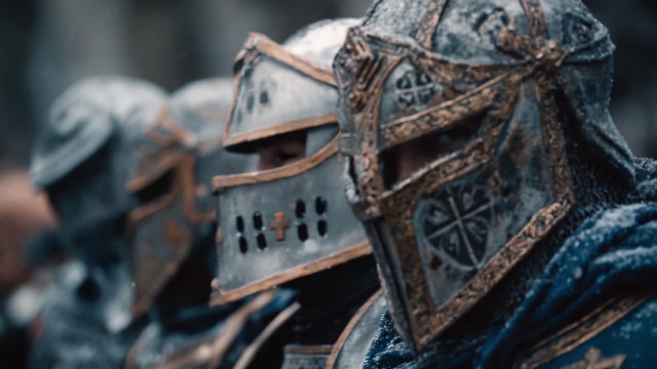A Stark Portrait of Medieval Warriors Standing Together Against the Elements, Showcasing Intricately Designed Armored Helmets and their Courageous Looks in a Snowy Landscape