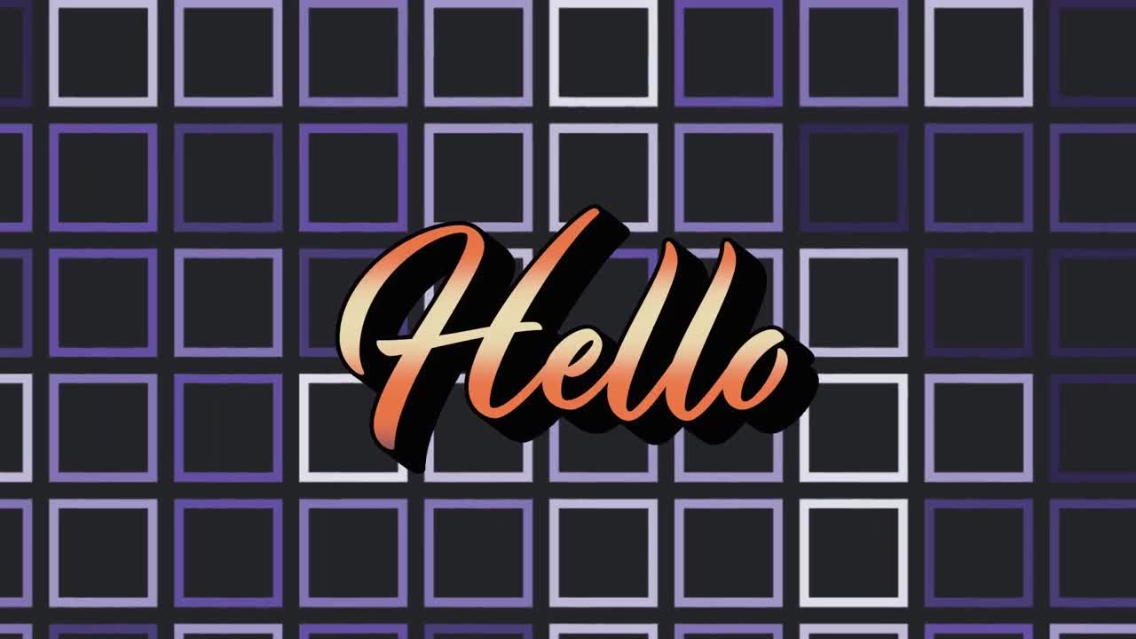animación del texto de saludo sobre cuadrados sobre fondo negro