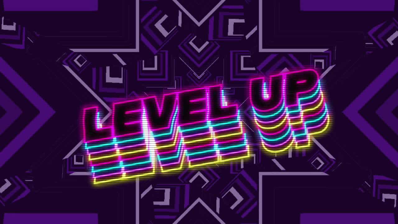 비디오 컴퓨터 게임 화면에서 단어 레벨을 올리는 애니메이션