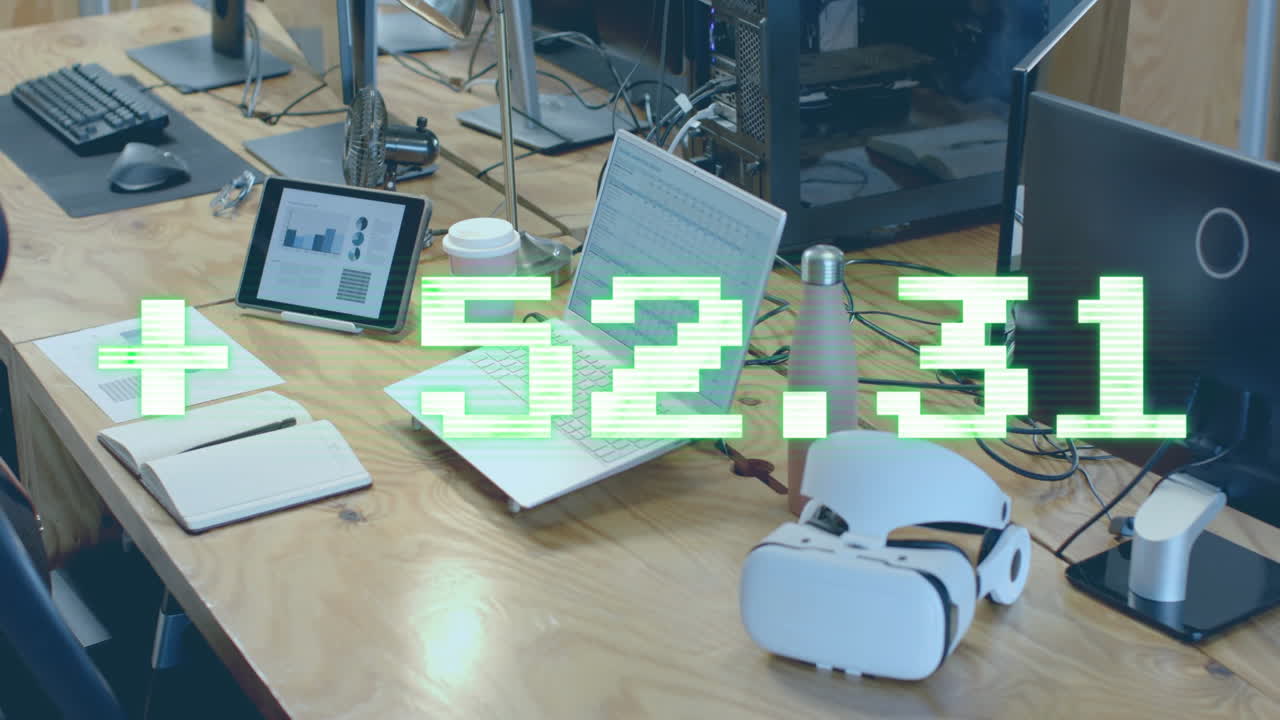 Animation of financial data processing over computer on office desk