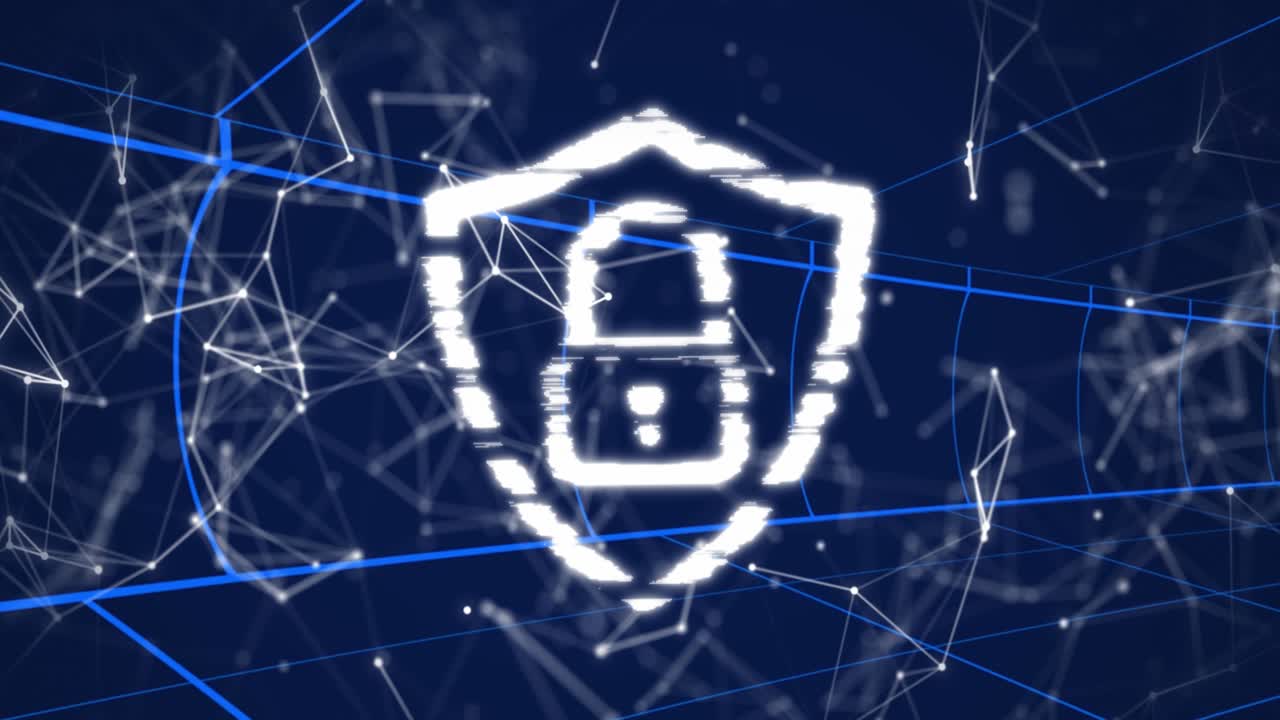 Animation of security padlock icon and tunnel in seamless pattern against network of connections
