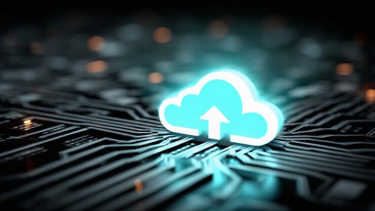 Digital Cloud Upload Concept Representing Data Transfer and Storage on a Circuit Board Background, Symbolizing Modern Technology and Connectivity