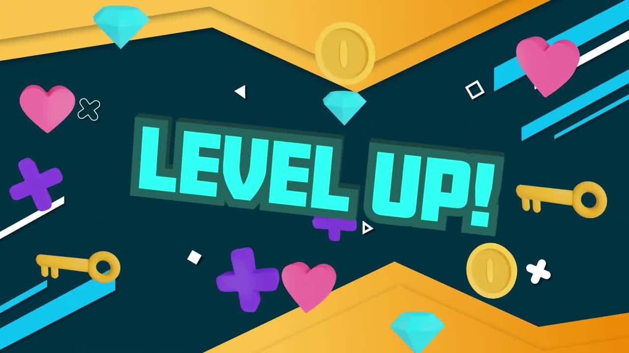 Animazione digitale del testo "Level Up" e forme astratte su sfondo blu.
