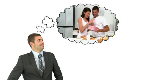 un hombre de negocios pensando en comprar un regalo para su esposa.