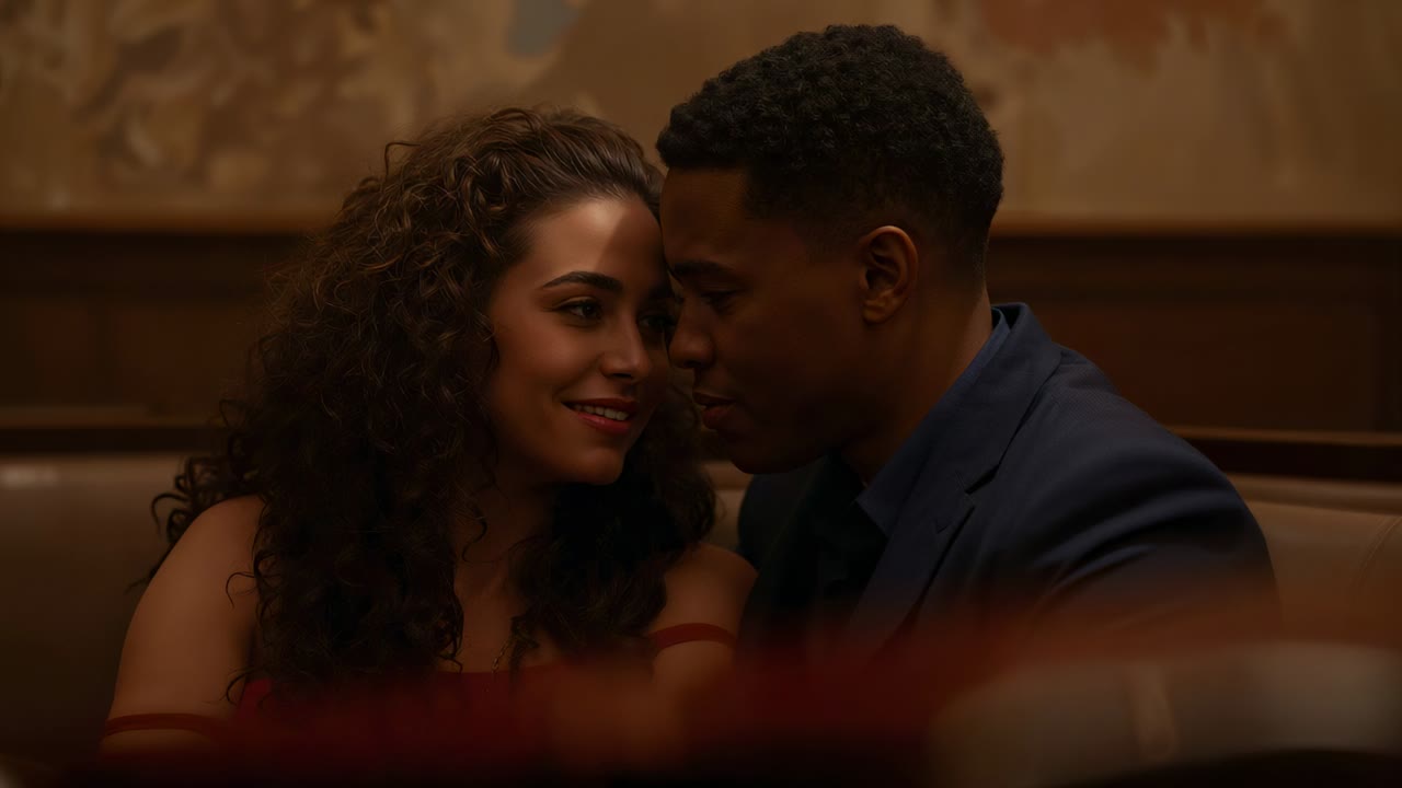 Leaning woman in red dress, man in dark suit mirroring, smiling in restaurant booth, table edge