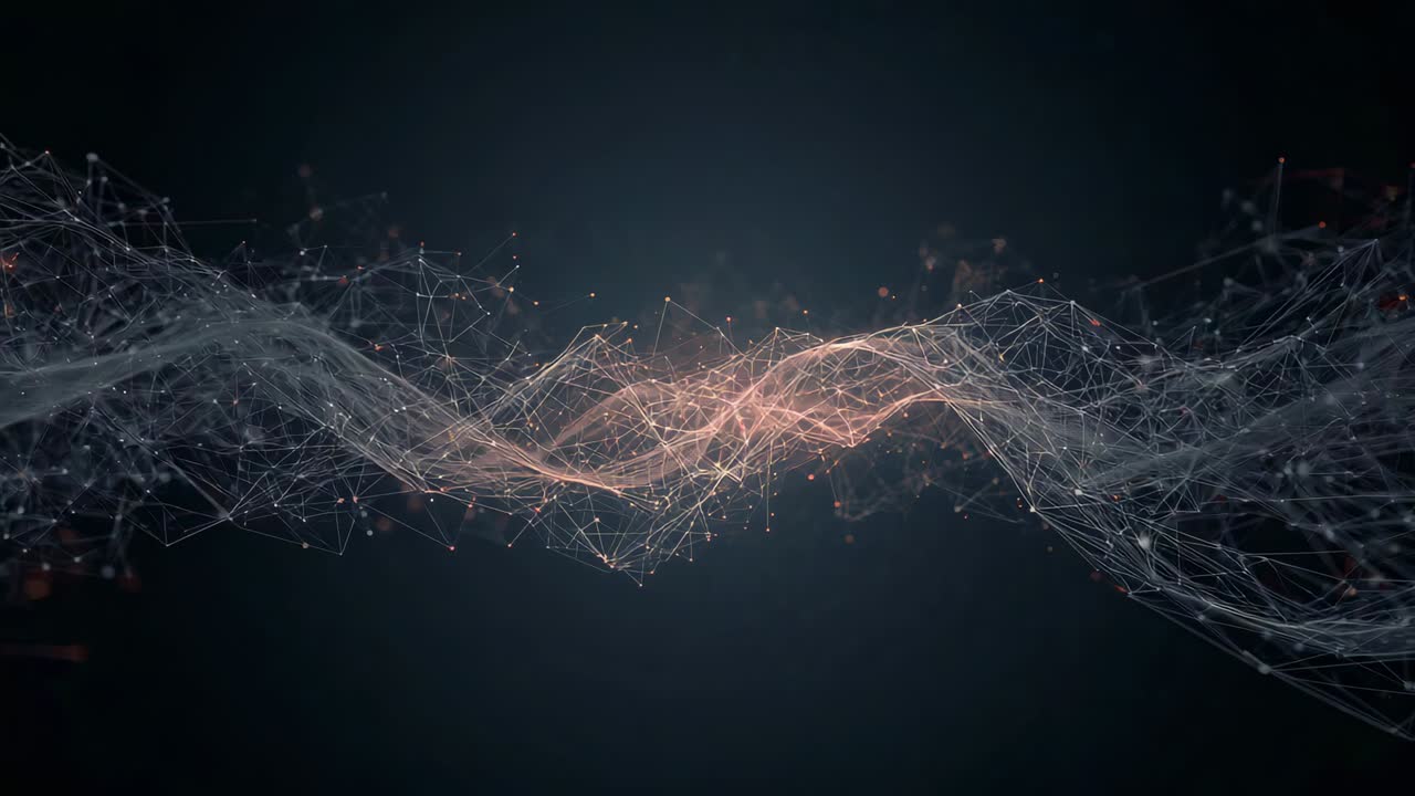 Looping node mesh shifting across dark gradient, pulsing warm core and glowing sparks for signal
