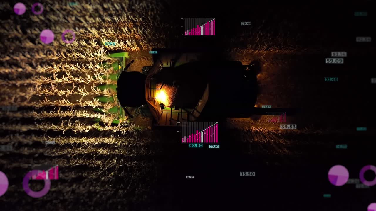 Combine harvesting cornfield at night with smart farming technology animation