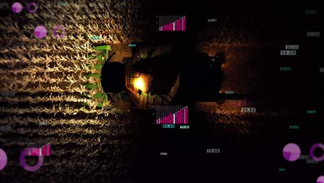 combine harvesting cornfield at night with smart farming technology animation