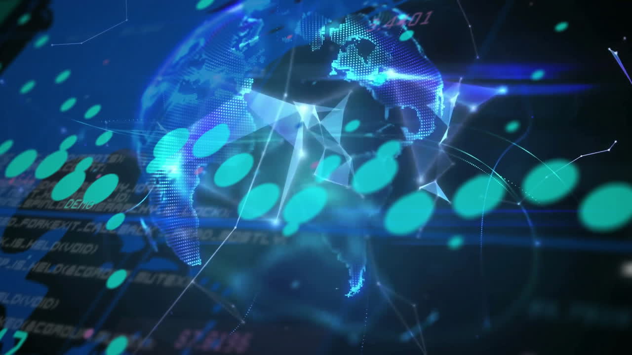 Animation of network of connections over globe and data processing on black background