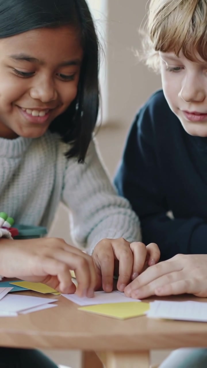 Video verticale: Due bambini piegano carte al tavolo, realizzando un lavoretto. La bambina è in grigio, il bambino in blu scuro.