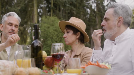 Close-Up-View-Of-A-Group-Of-Middle-Aged-Friends-Eating-And-Talking-To-Each-Other-Sitting-At-Table-During-An-Outdoor-Party-In-The-Park