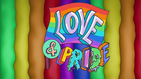 animation of love and pride text over rainbow flag and stripes and colours moving on seamless loop